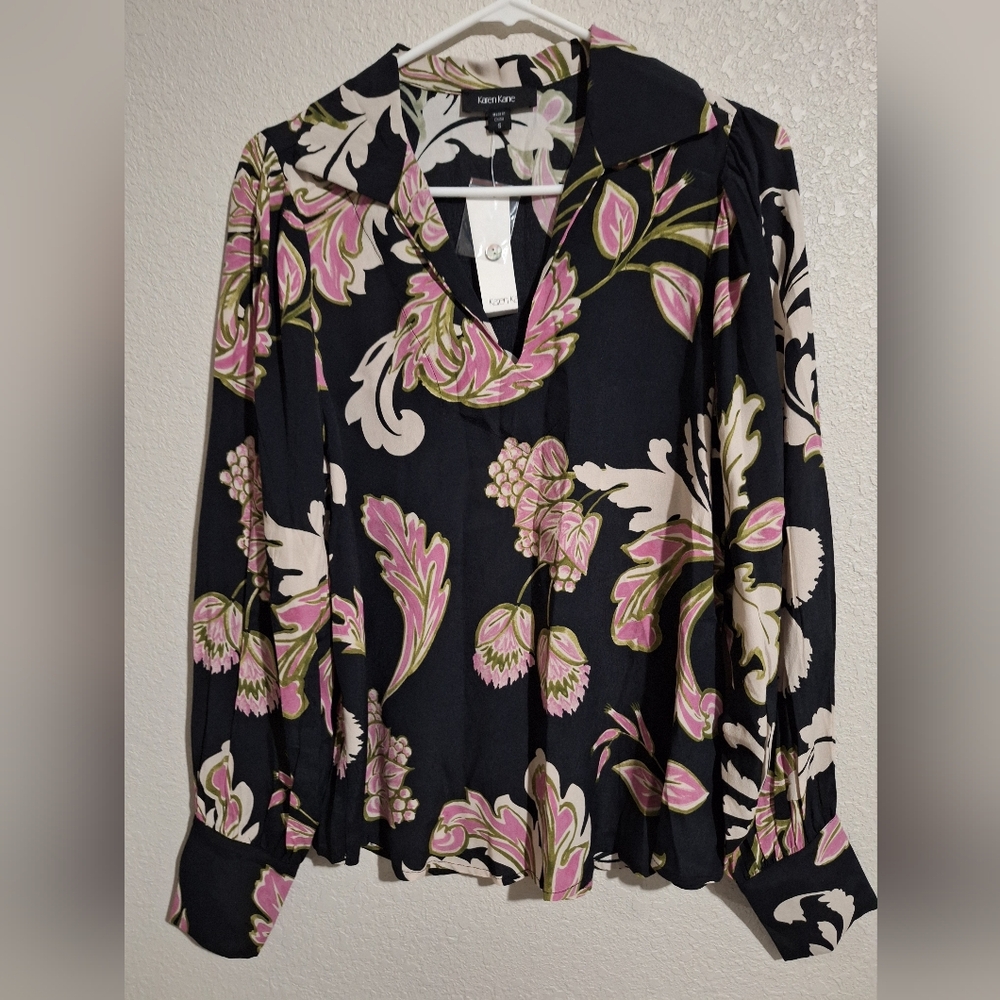 Karen Kane Black Blouse with Pink and Cream Floral Design